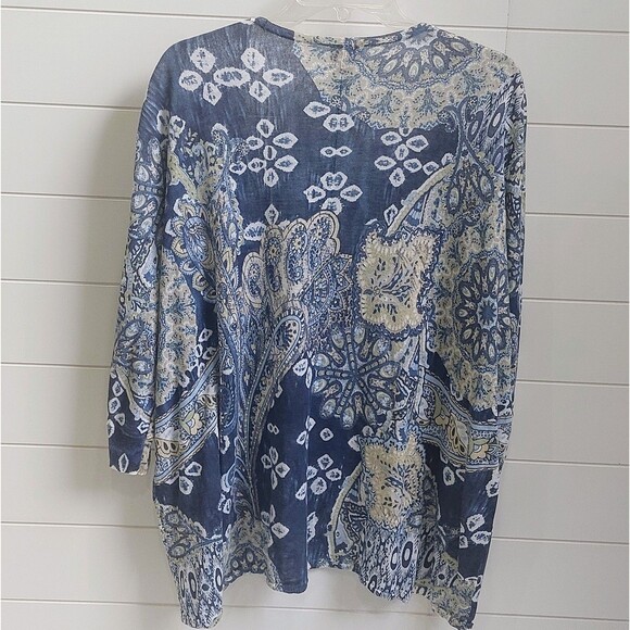 Chicos Cool Paisley Mona Cardigan Size 2 Blue Green Paisley Linen Blend Boho - Picture 3 of 8